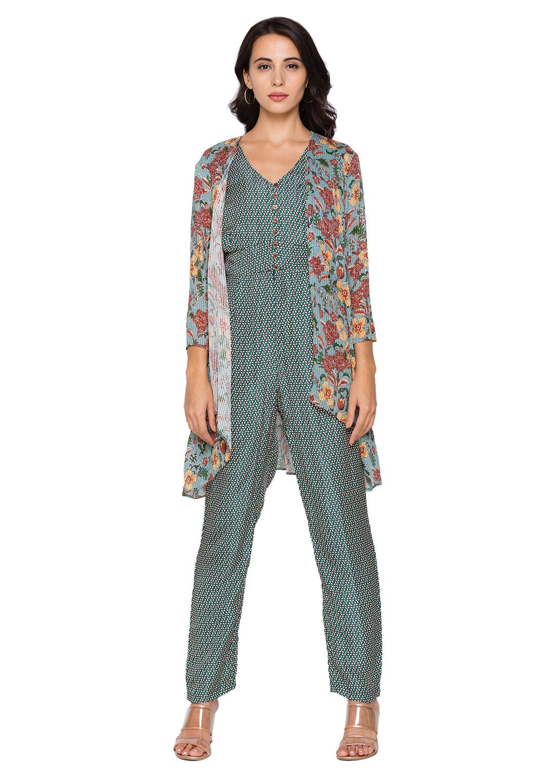 Jumpsuit with loop buttons paired printed jacket