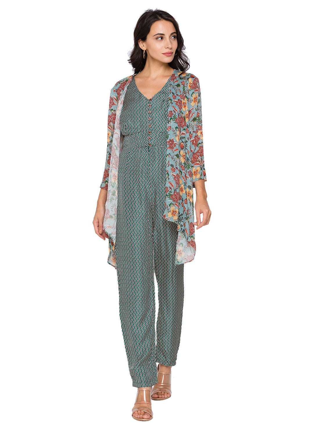 Jumpsuit with loop buttons paired printed jacket