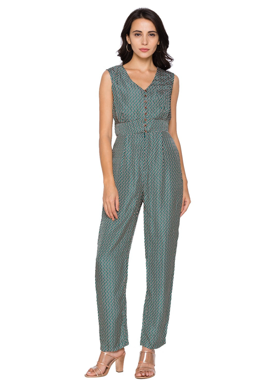 Jumpsuit with loop buttons paired printed jacket
