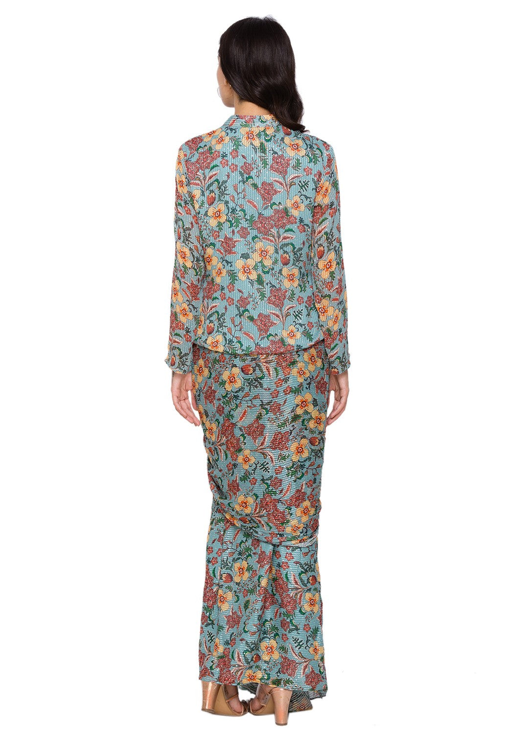 Skirt paired with printed zipper jacket