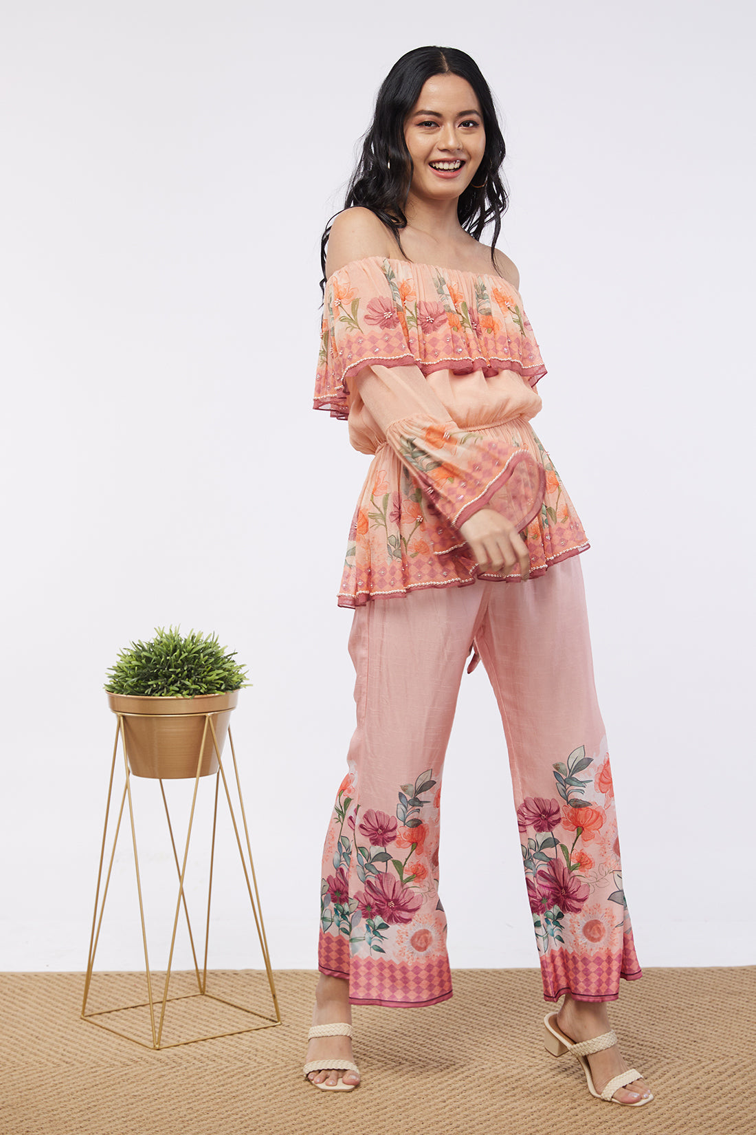 Blooming Bud Printed Off-Shoulder Embroidered Top With Flared Pants