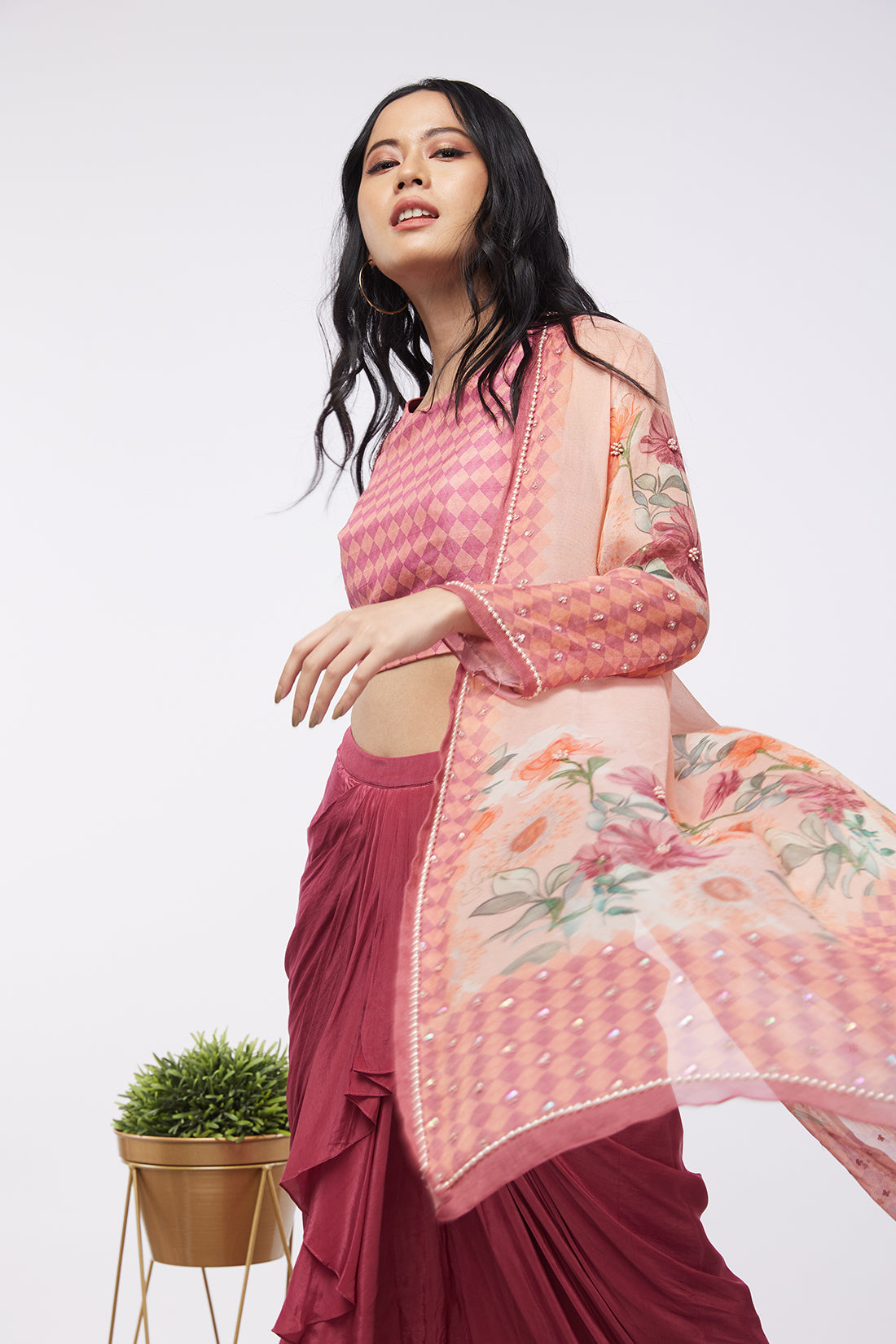 Blooming Bud Printed Drape Skirt Set With Jacket