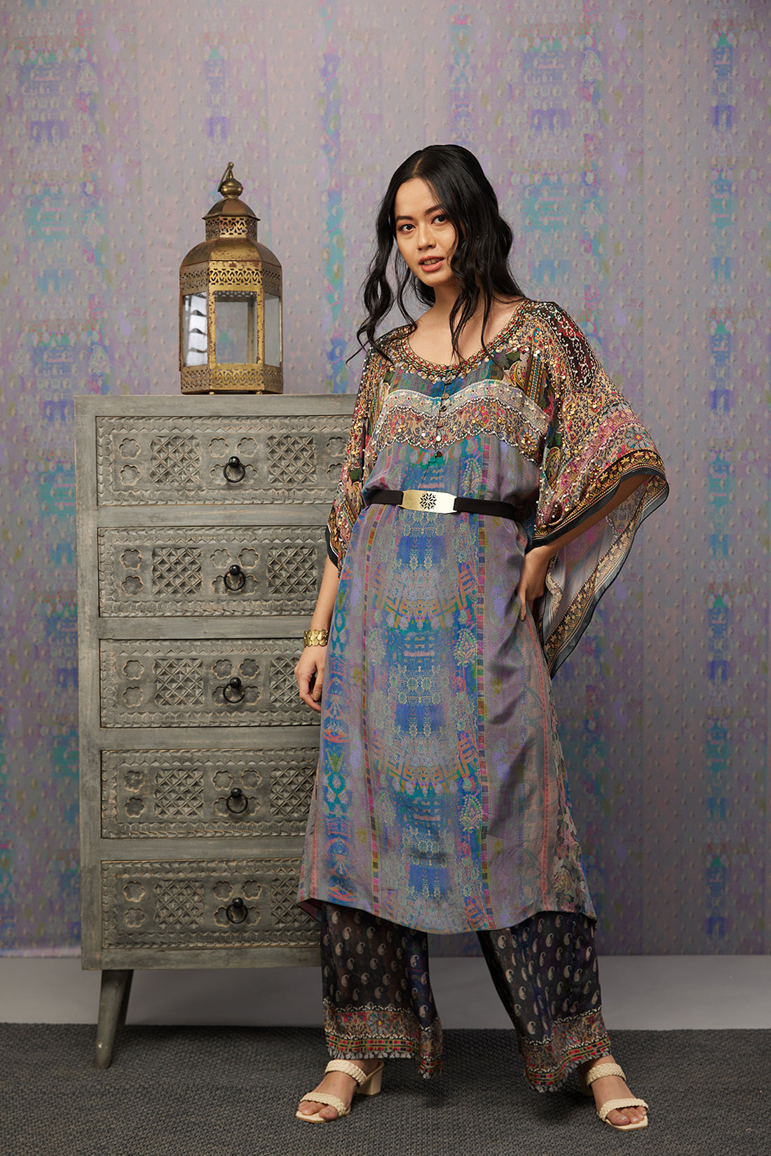 Ikaya Embroidered Kaftan Set With Belt