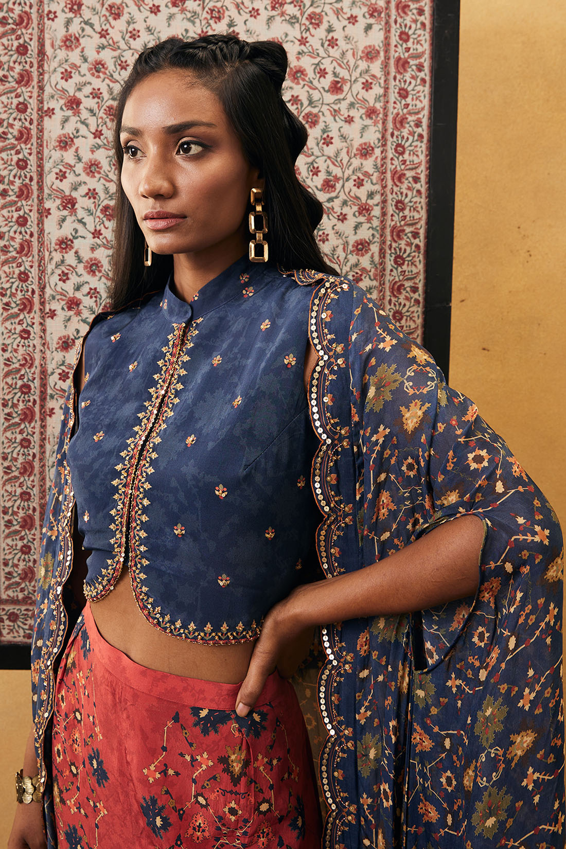 Zahra embroidered co-ord set with cape