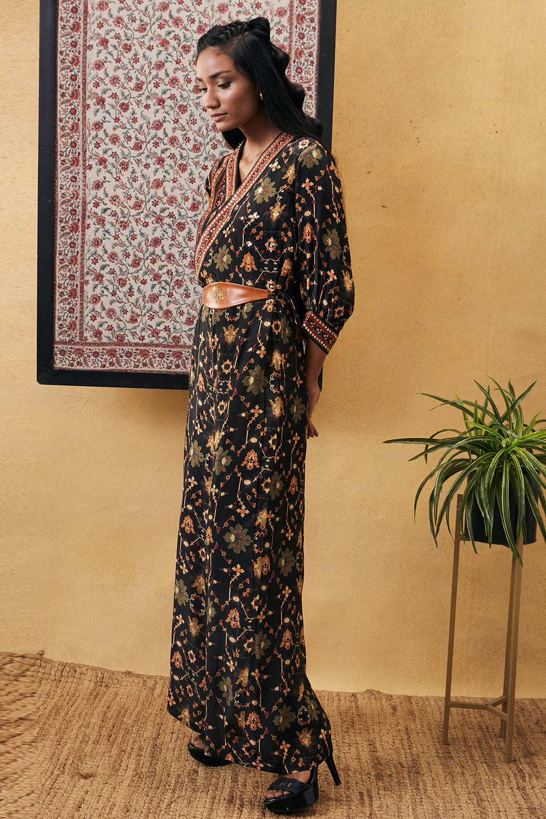 Zahra printed overlap jumpsuit with belt