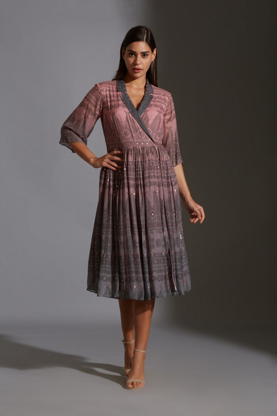 Printed dress with mirror work embroidery