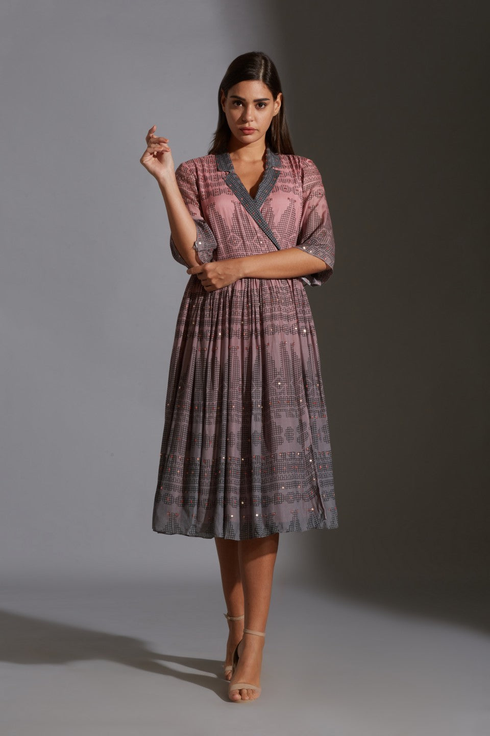 Printed dress with mirror work embroidery