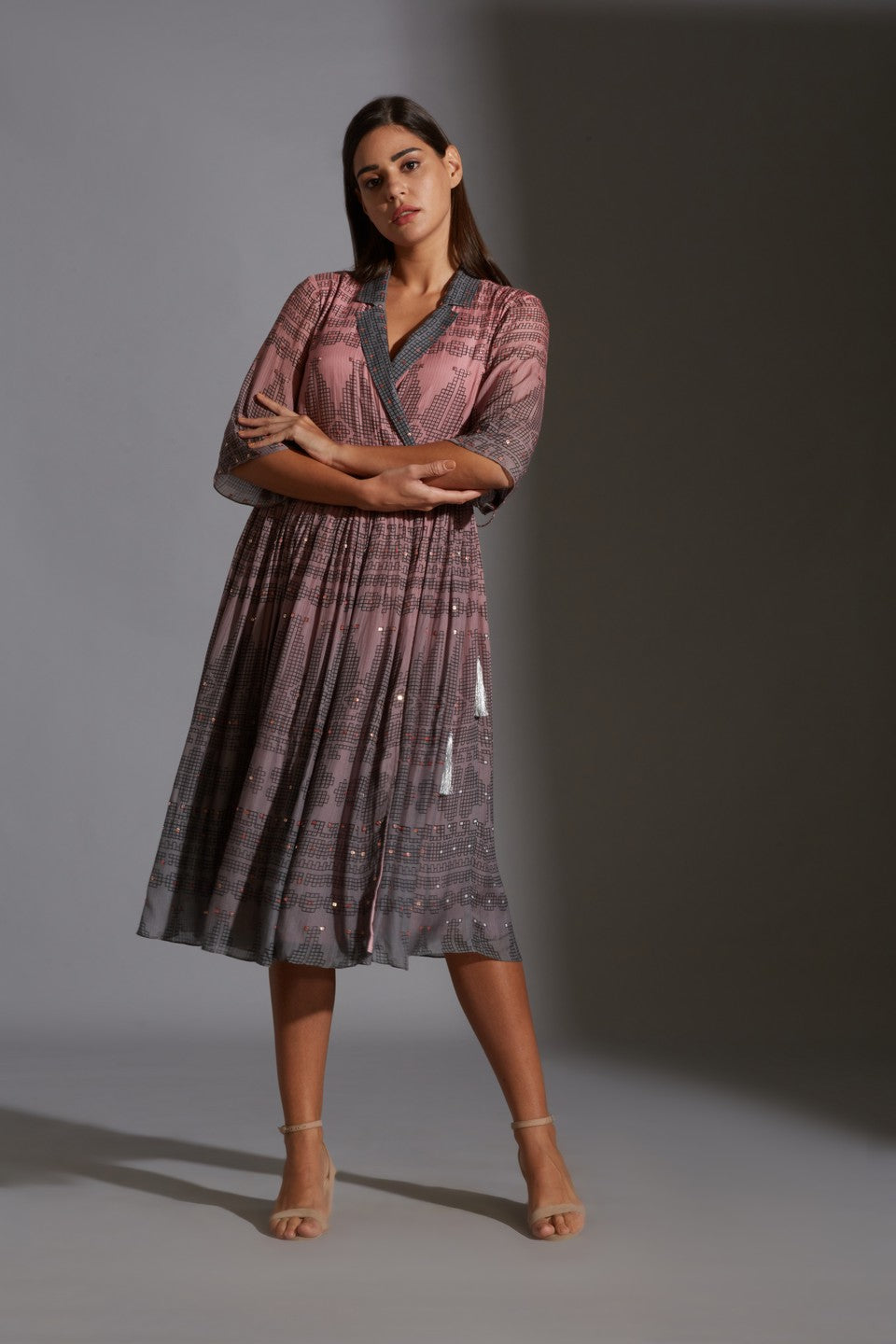 Printed dress with mirror work embroidery