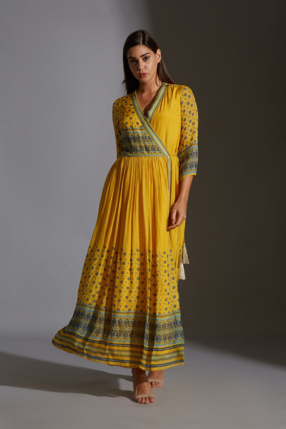 Overlap printed dress with gathers