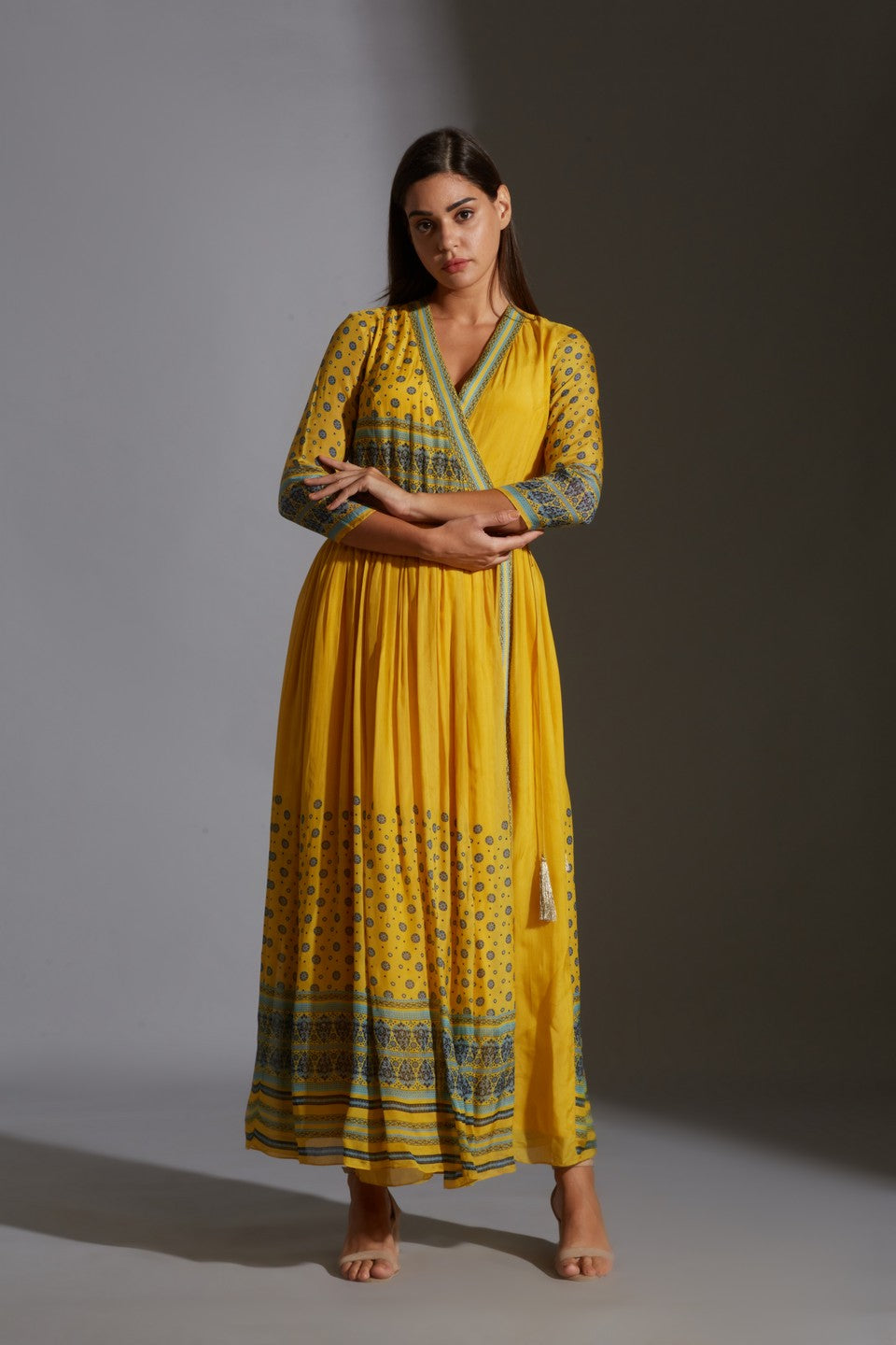 Overlap printed dress with gathers