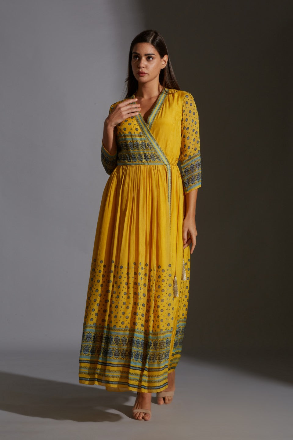 Overlap printed dress with gathers