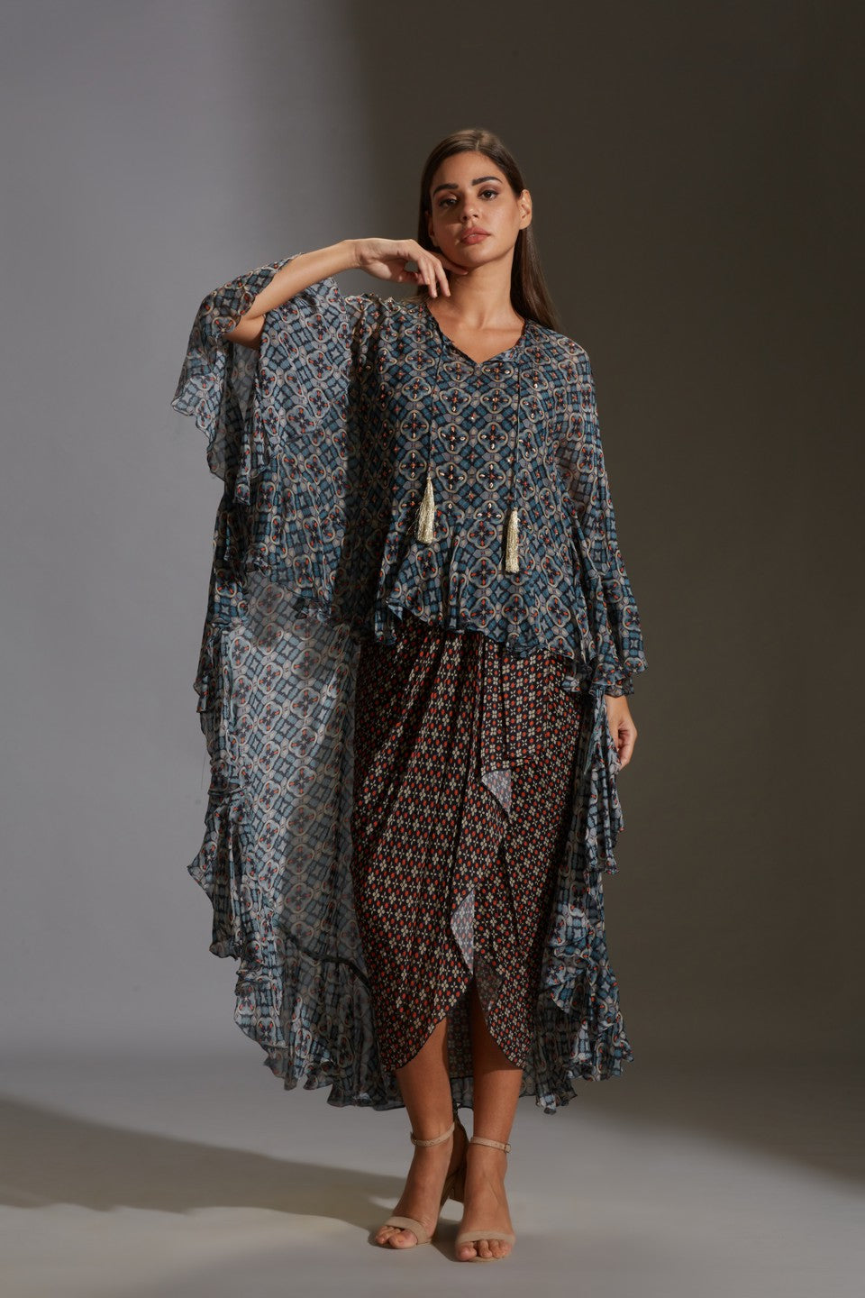 Printed drape dress with top