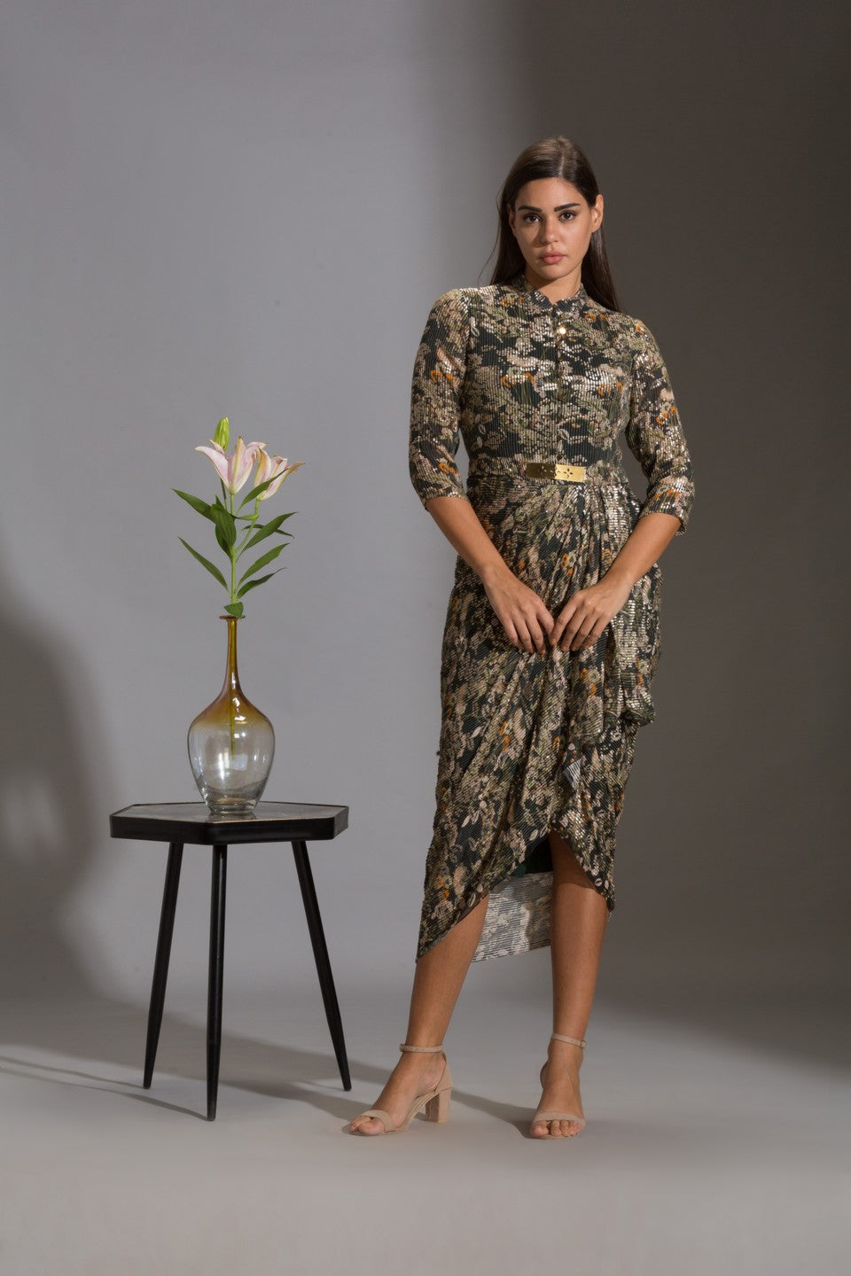 printed drape dress with goldenbelt
