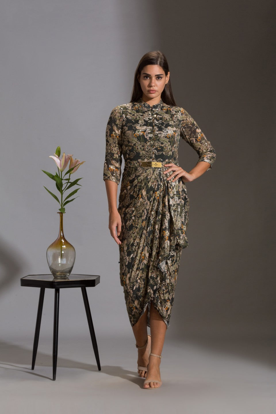 printed drape dress with goldenbelt