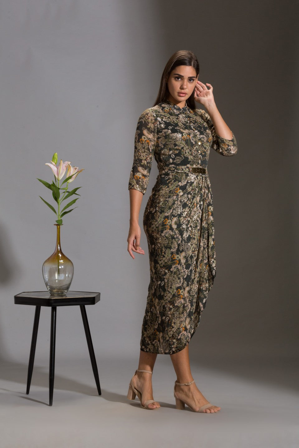 printed drape dress with goldenbelt