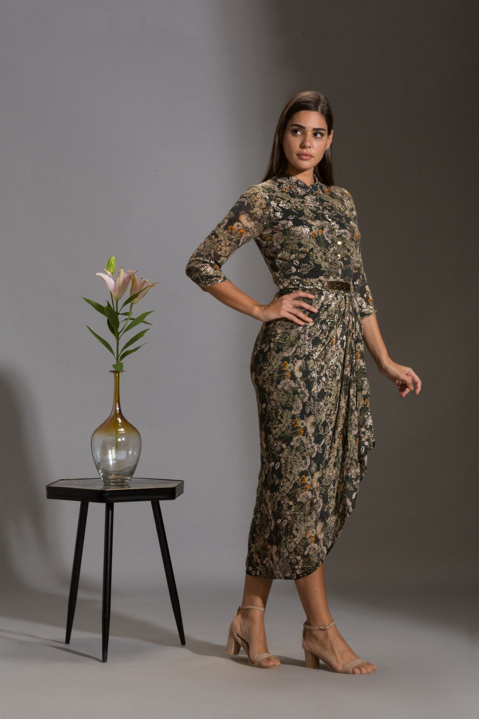printed drape dress with goldenbelt