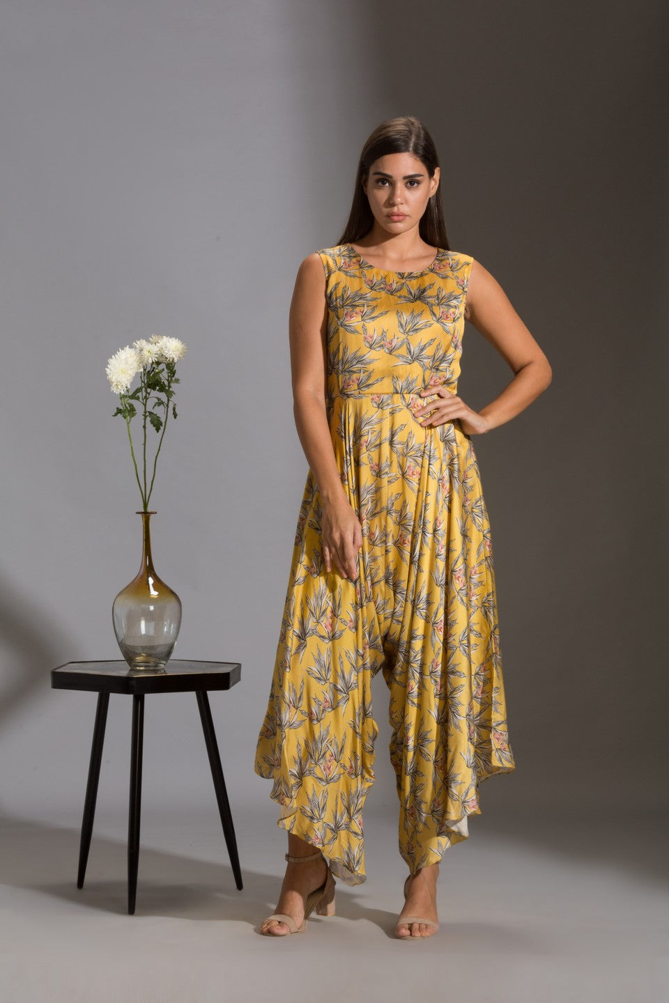 Printed dhoti jumpsuit paired with jacket