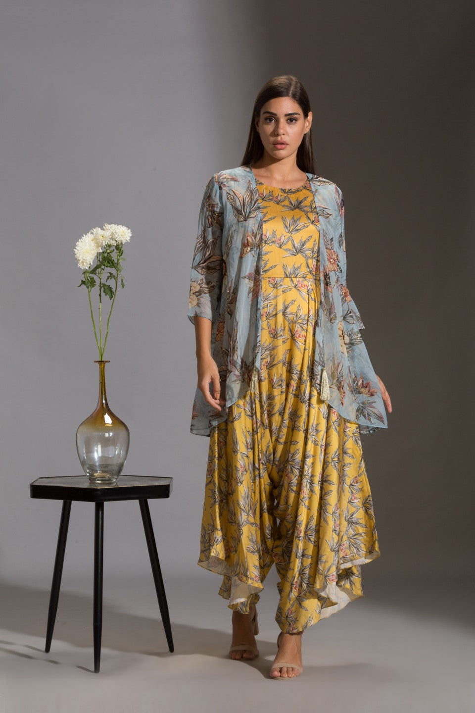 Printed dhoti jumpsuit paired with jacket