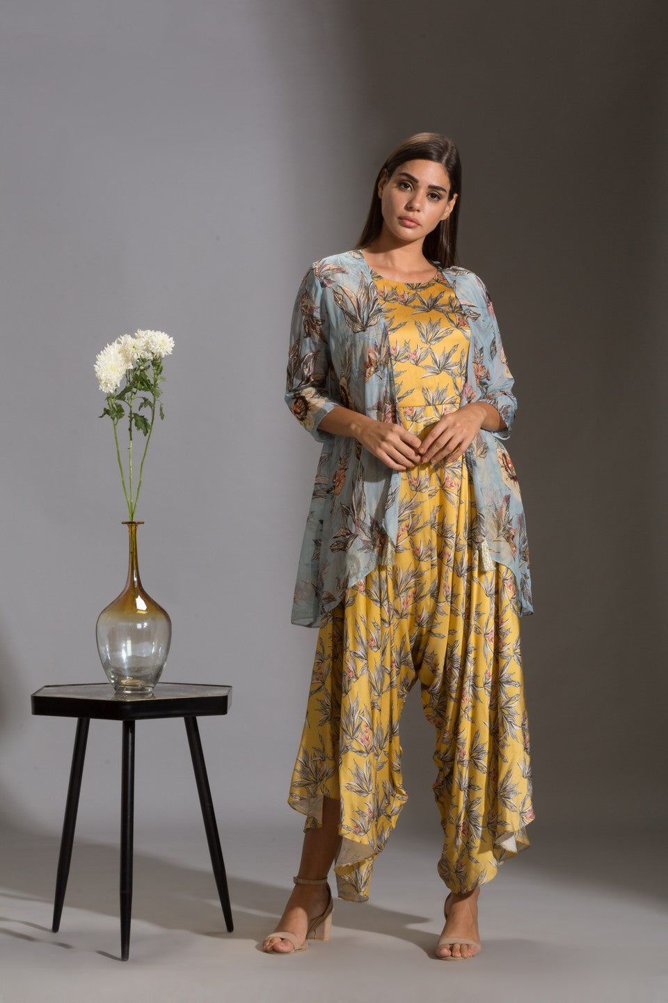 Printed dhoti jumpsuit paired with jacket