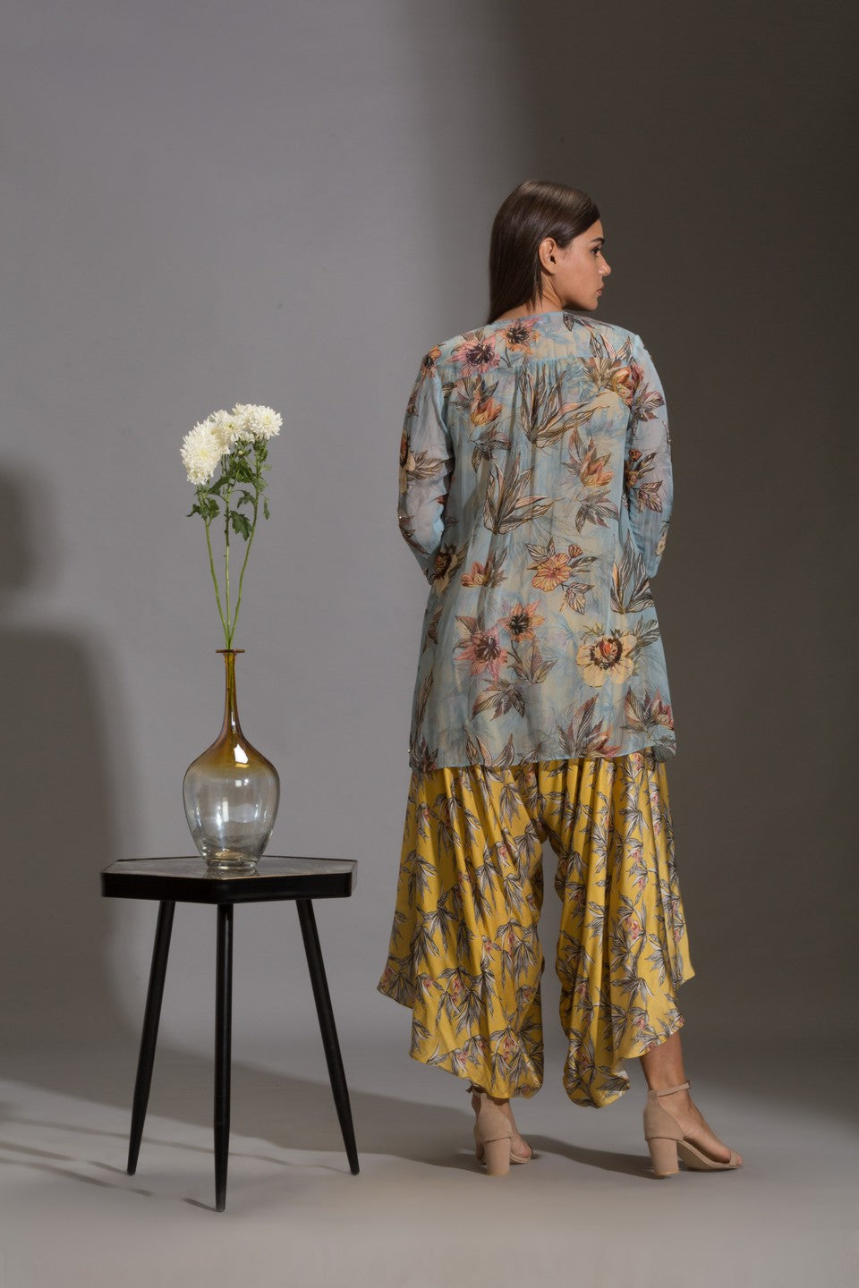 Printed dhoti jumpsuit paired with jacket
