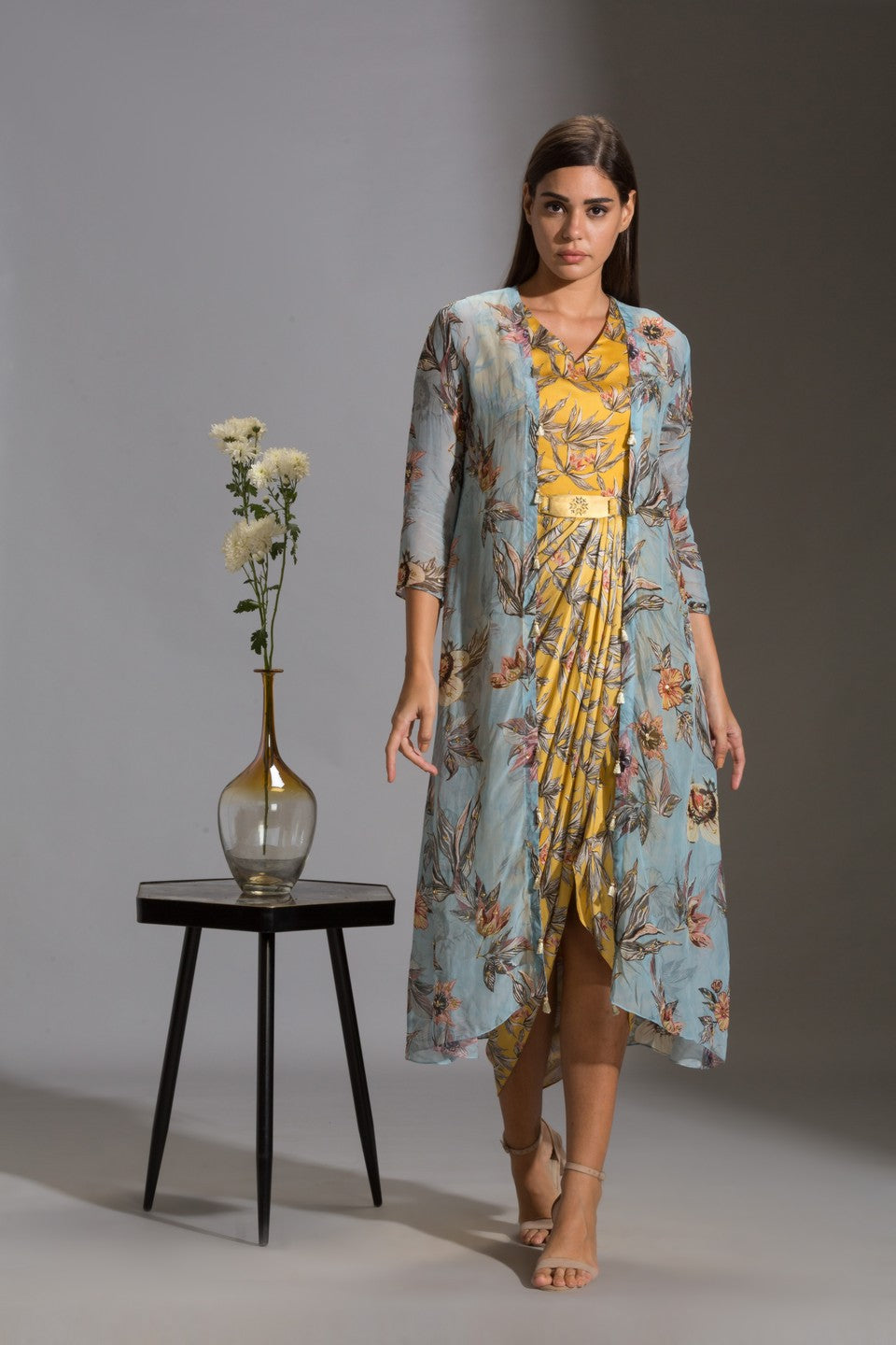 Printed drape dress with jackets