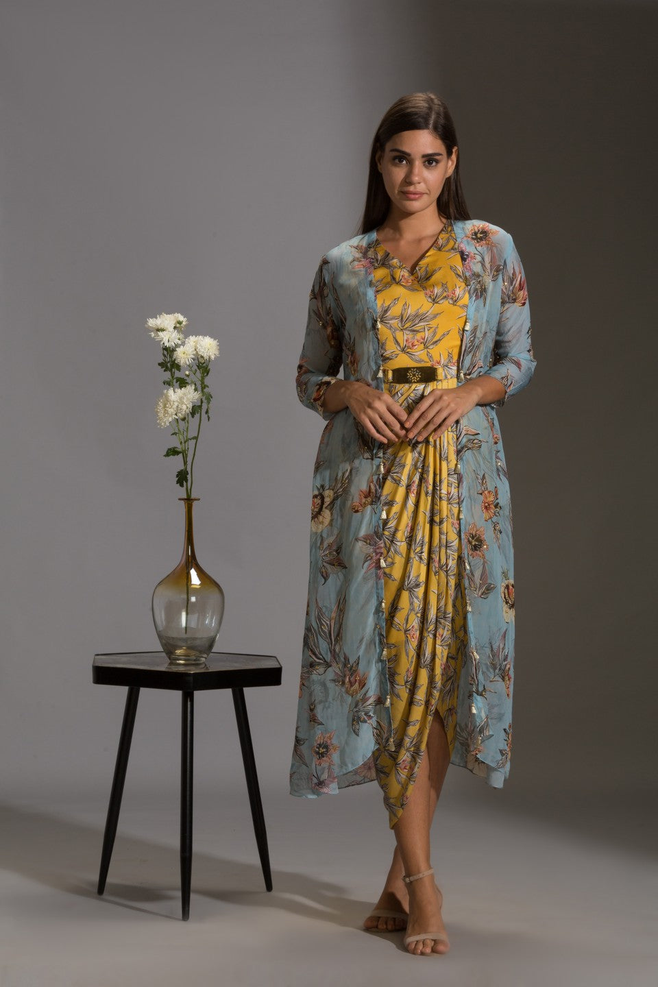 Printed drape dress with jackets