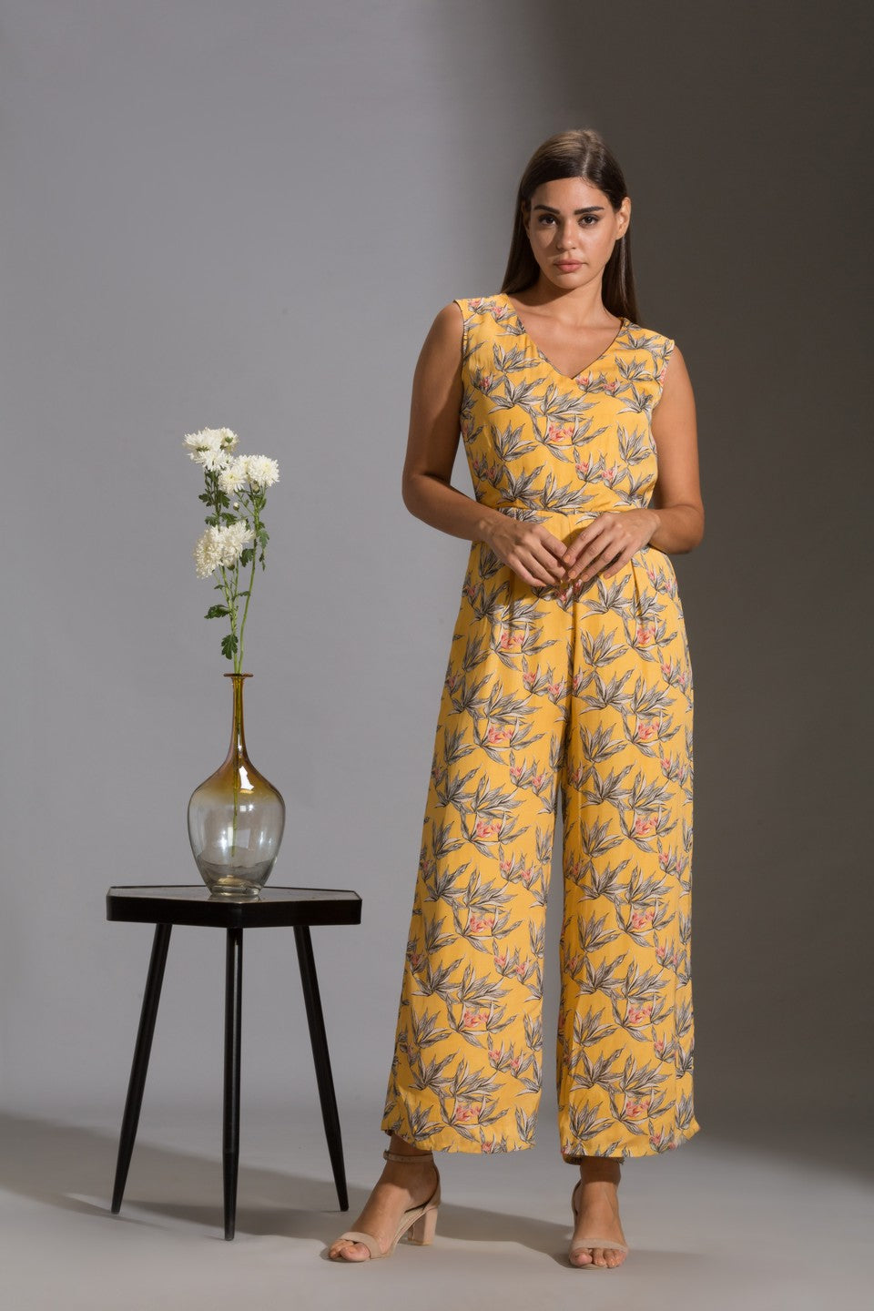 Printed jumpsuit paired with top