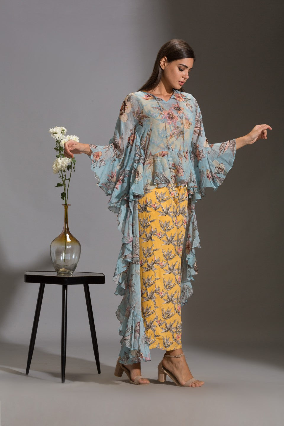 Printed jumpsuit paired with top