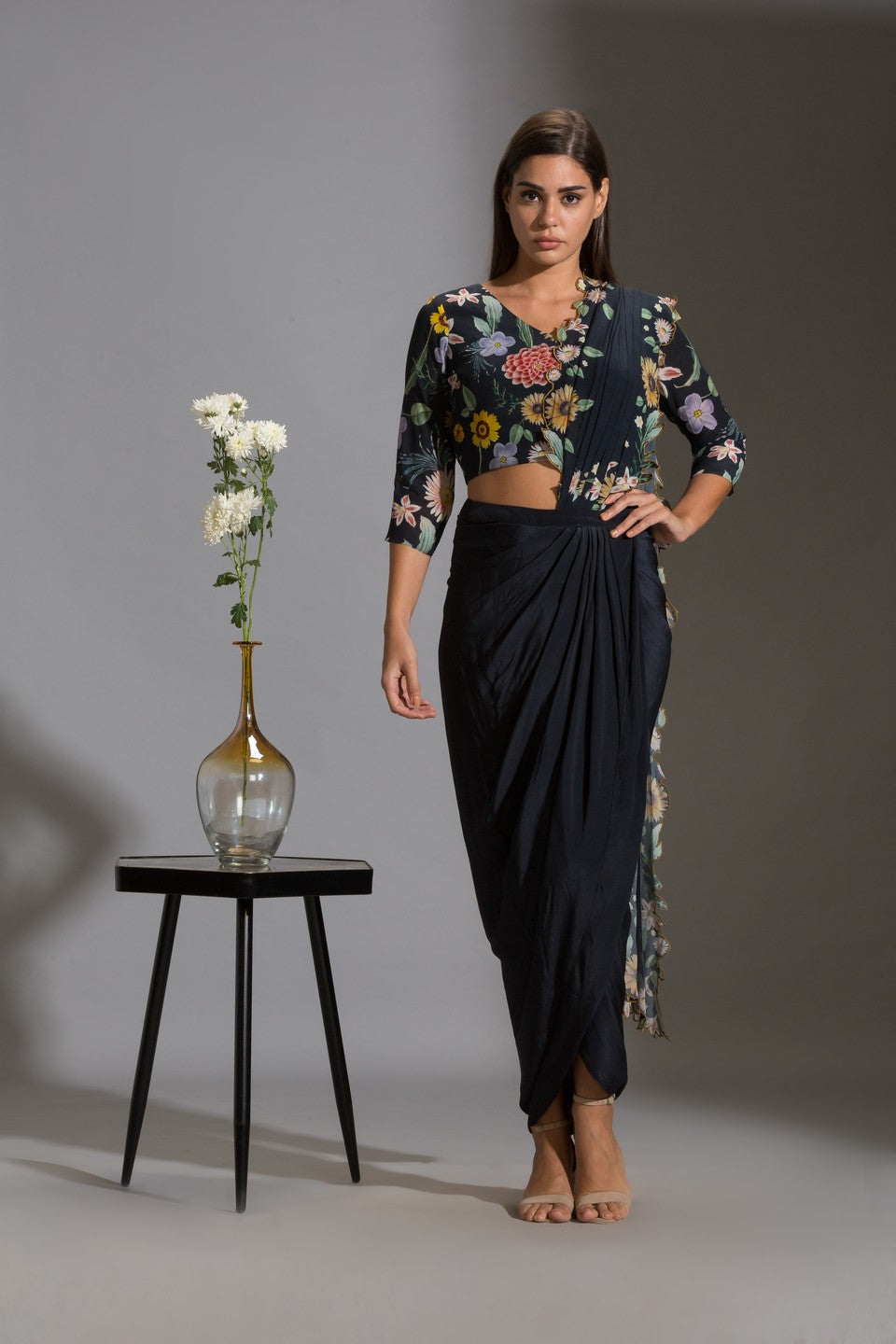 Drape saree with v neck blouse