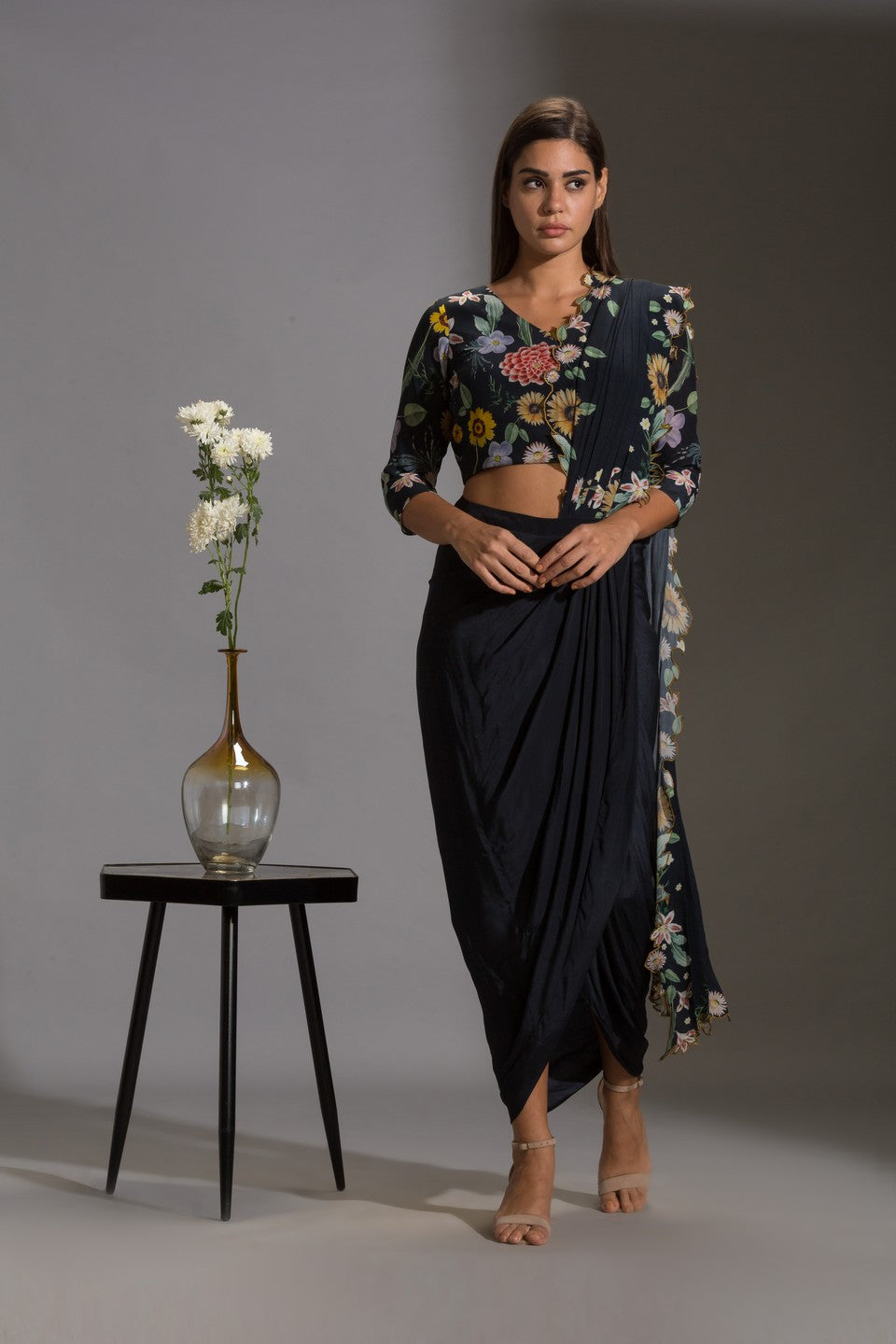 Drape saree with v neck blouse