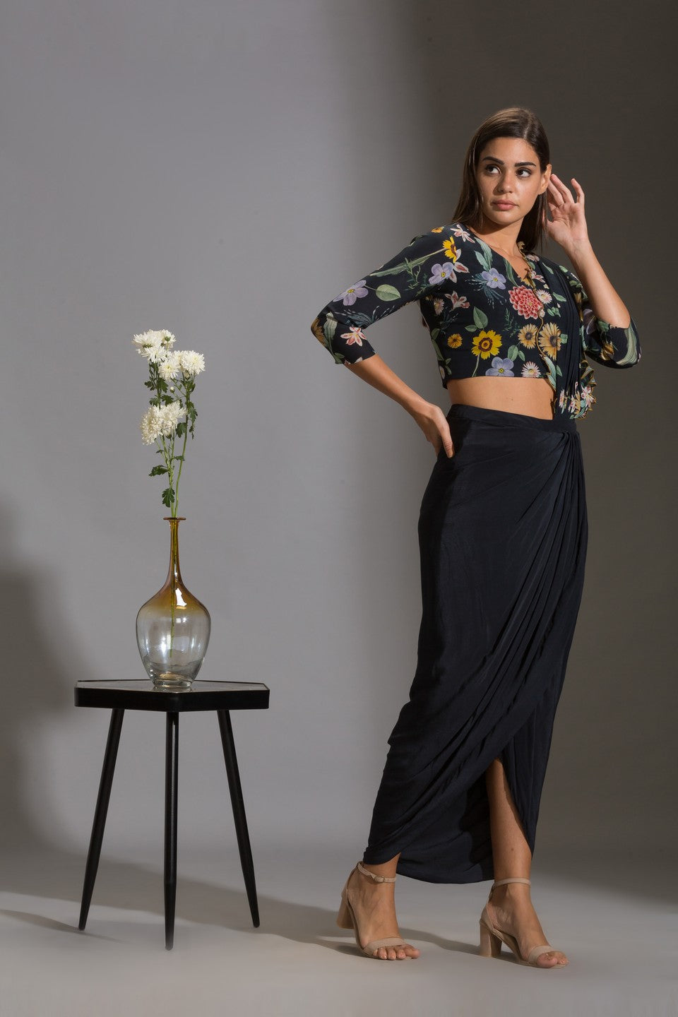 Drape saree with v neck blouse