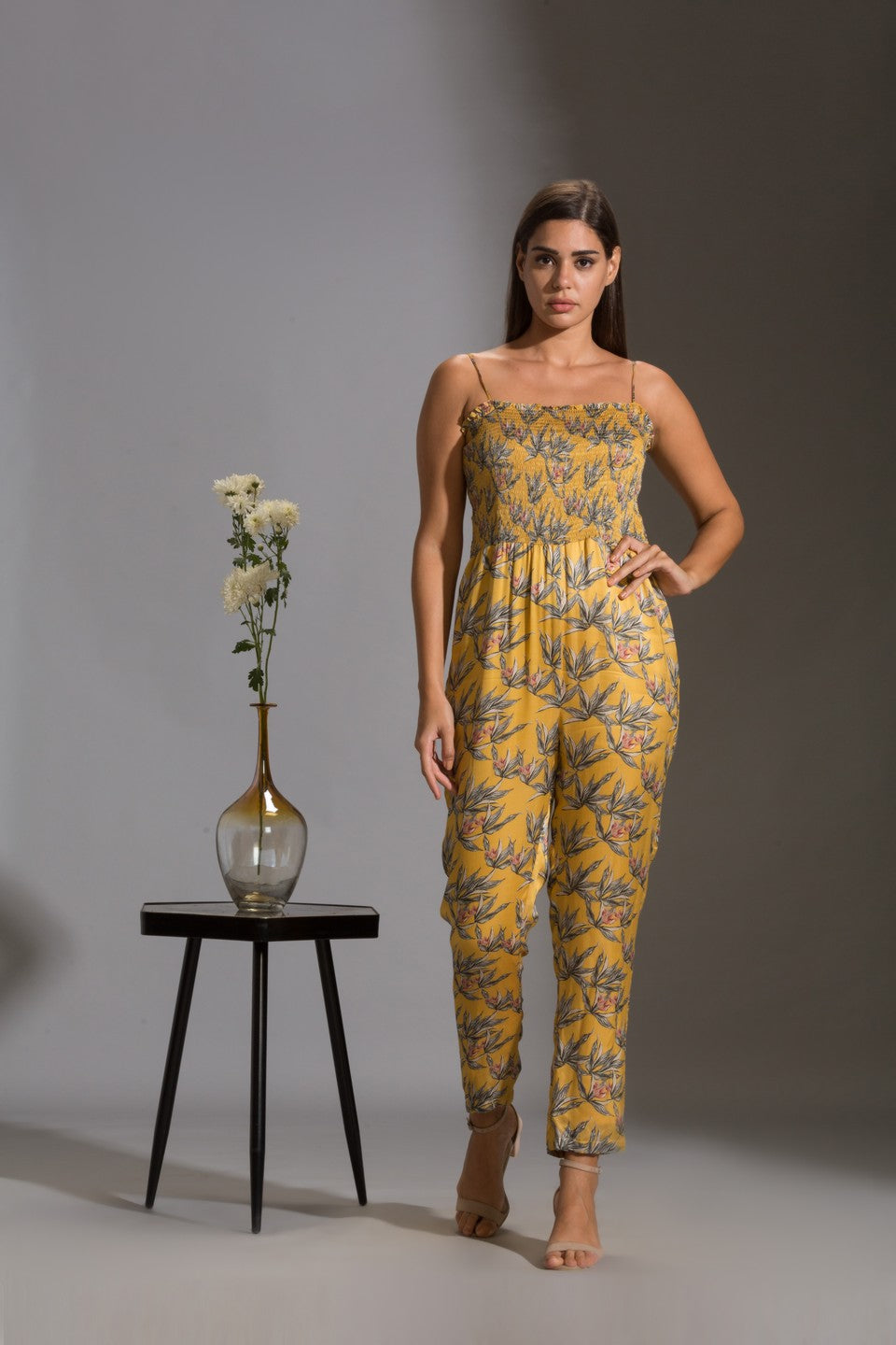 Printed narrow bottom jumpsuit paired with chiffon