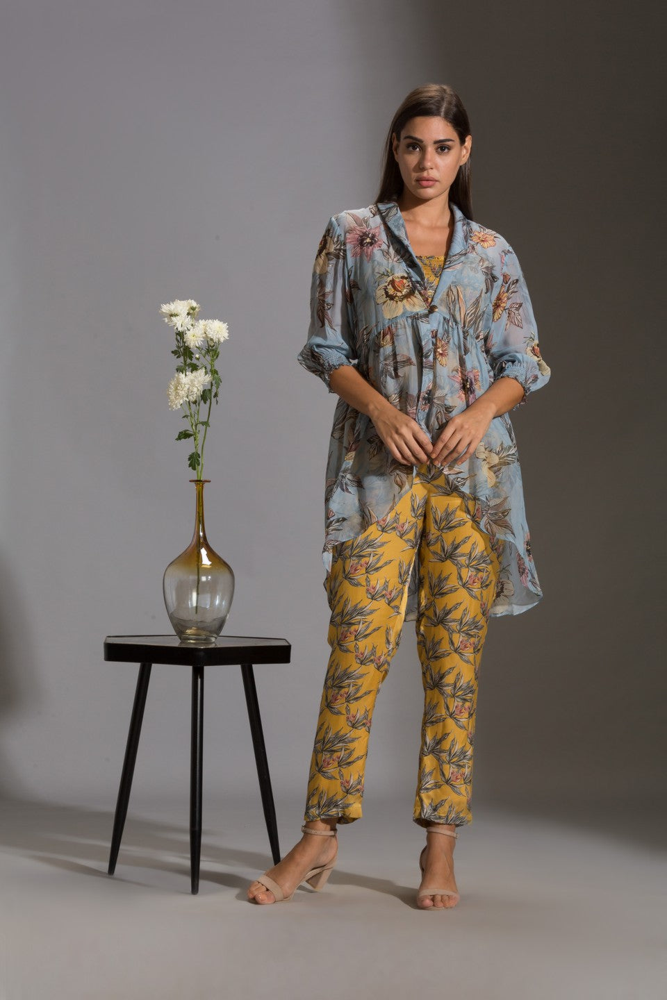 Printed narrow bottom jumpsuit paired with chiffon