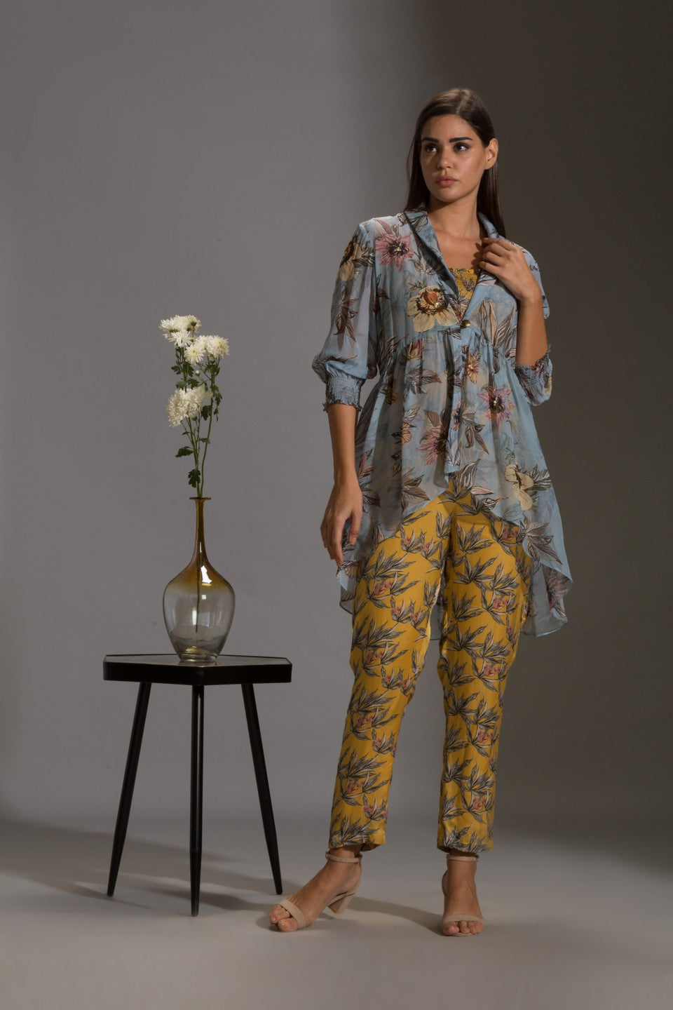 Printed narrow bottom jumpsuit paired with chiffon