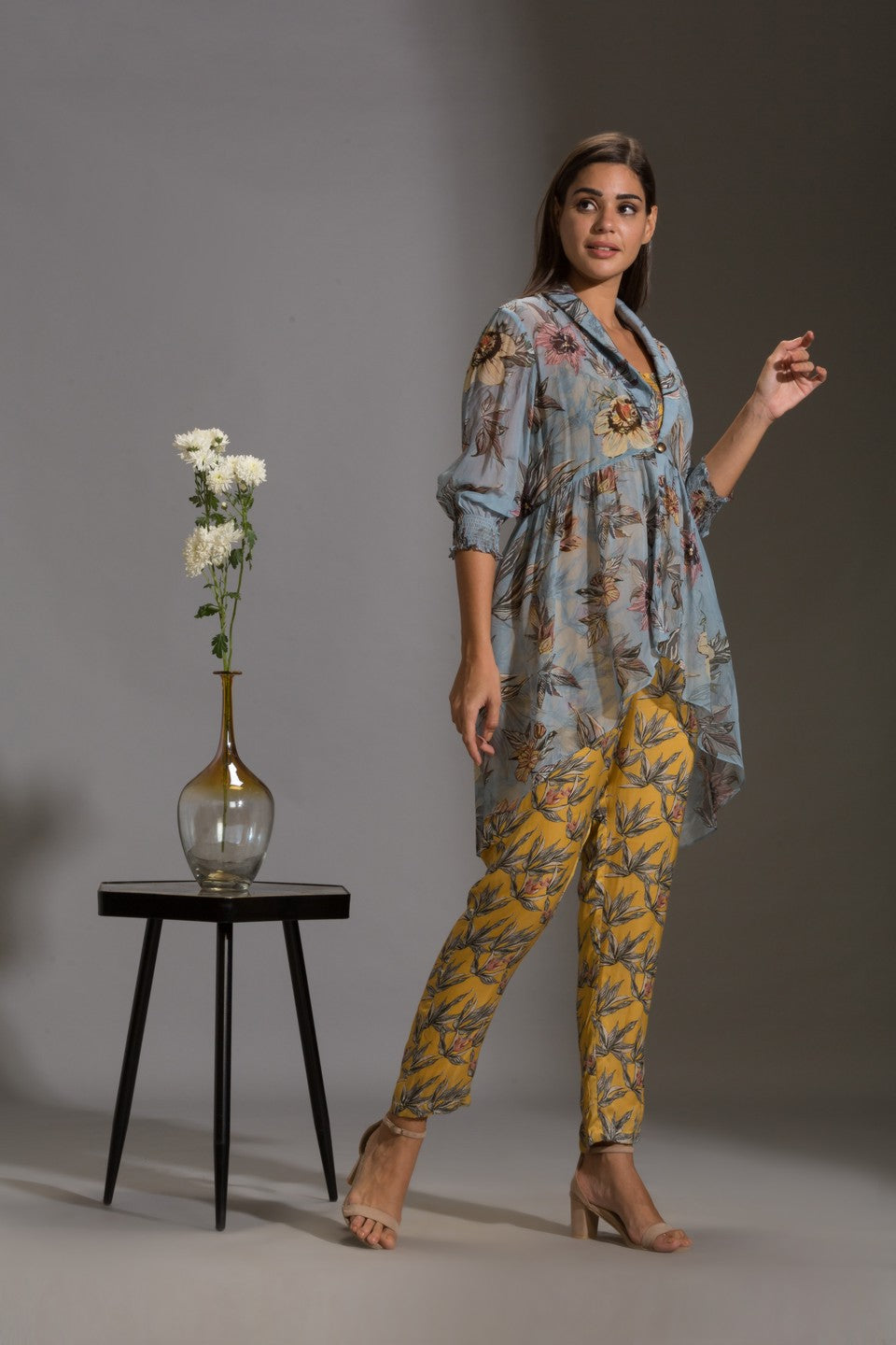 Printed narrow bottom jumpsuit paired with chiffon