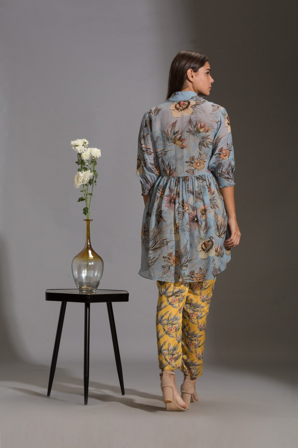 Printed narrow bottom jumpsuit paired with chiffon