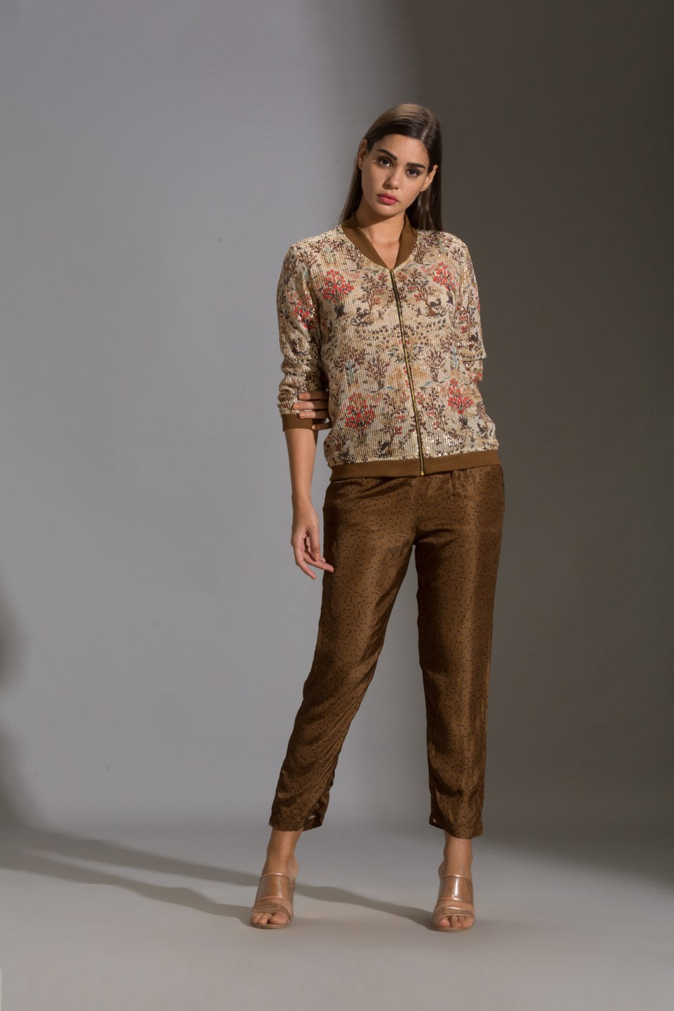 Printed sequence jacket with printed straight pants