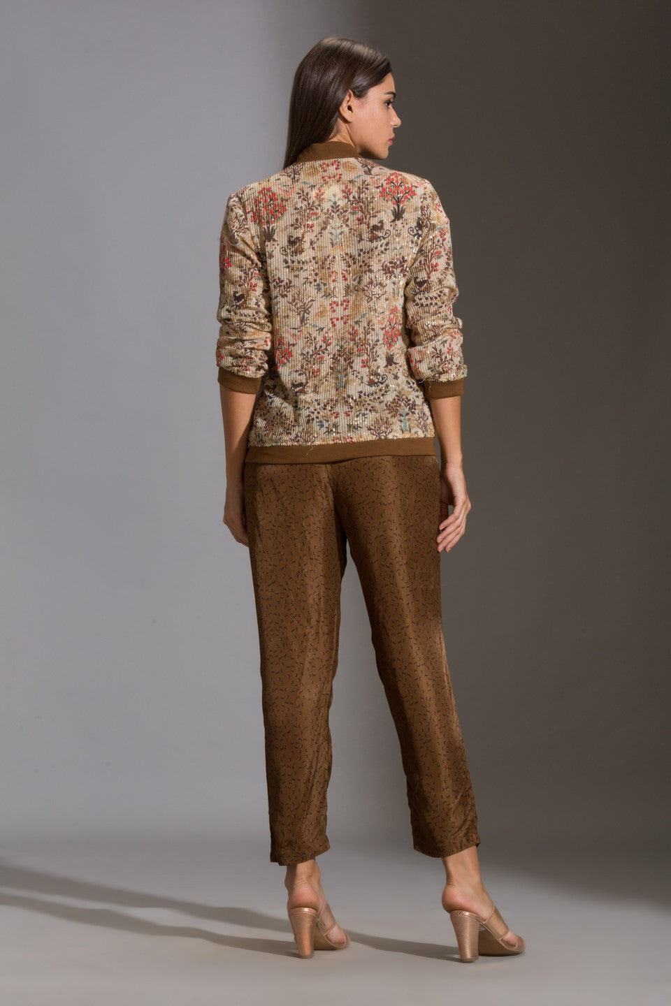 Printed sequence jacket with printed straight pants