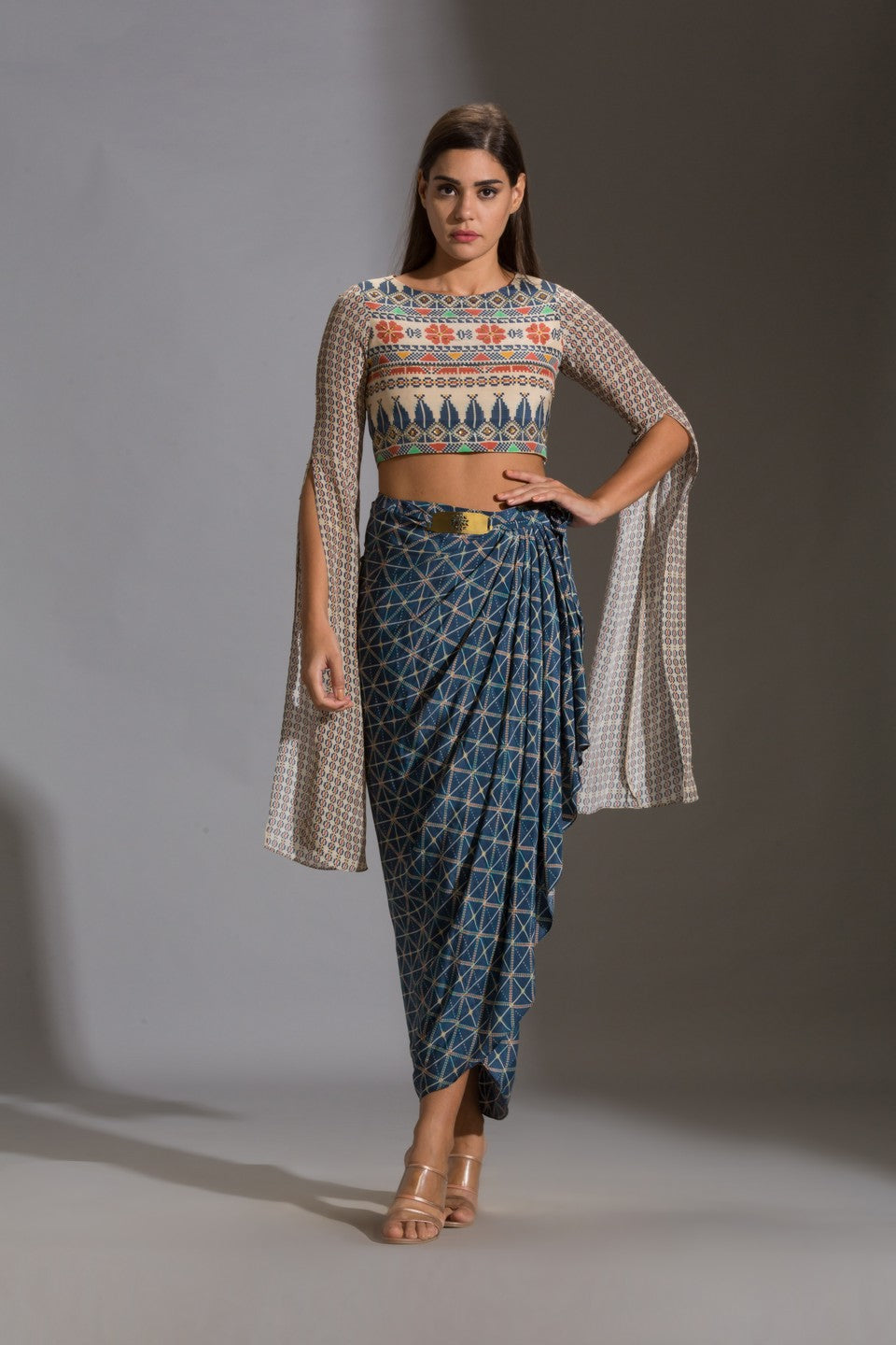 Printed crop top with printed dhoti drape skirt