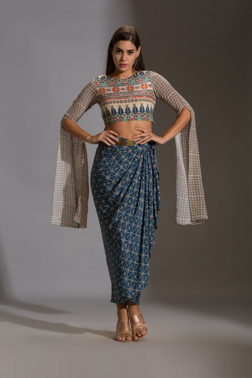 Printed crop top with printed dhoti drape skirt