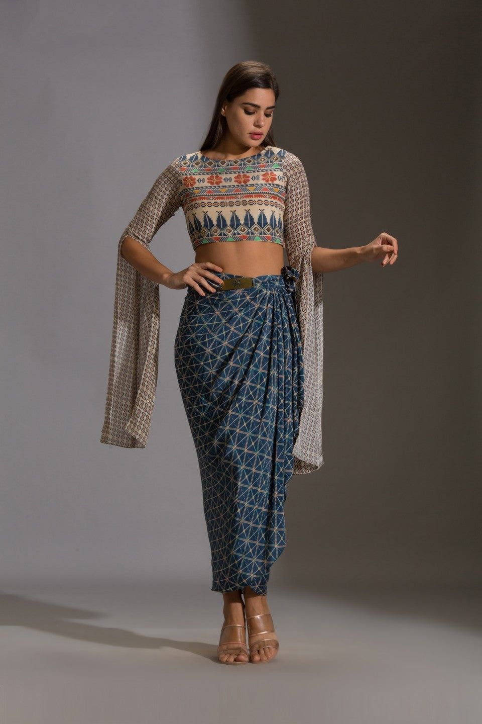 Printed crop top with printed dhoti drape skirt