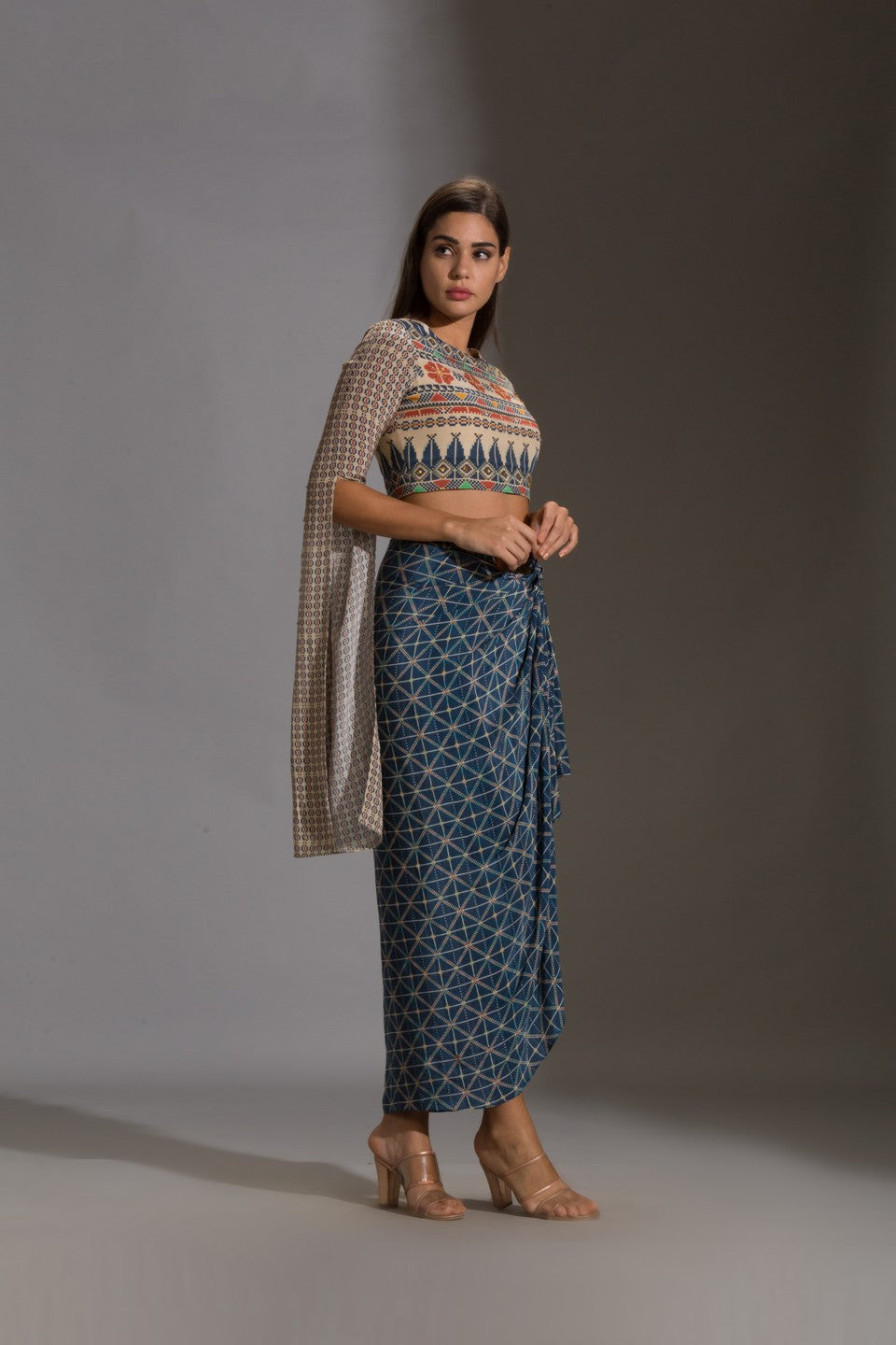 Printed crop top with printed dhoti drape skirt