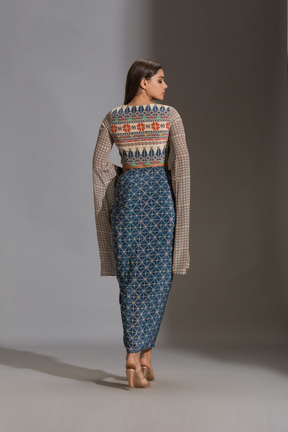 Printed crop top with printed dhoti drape skirt