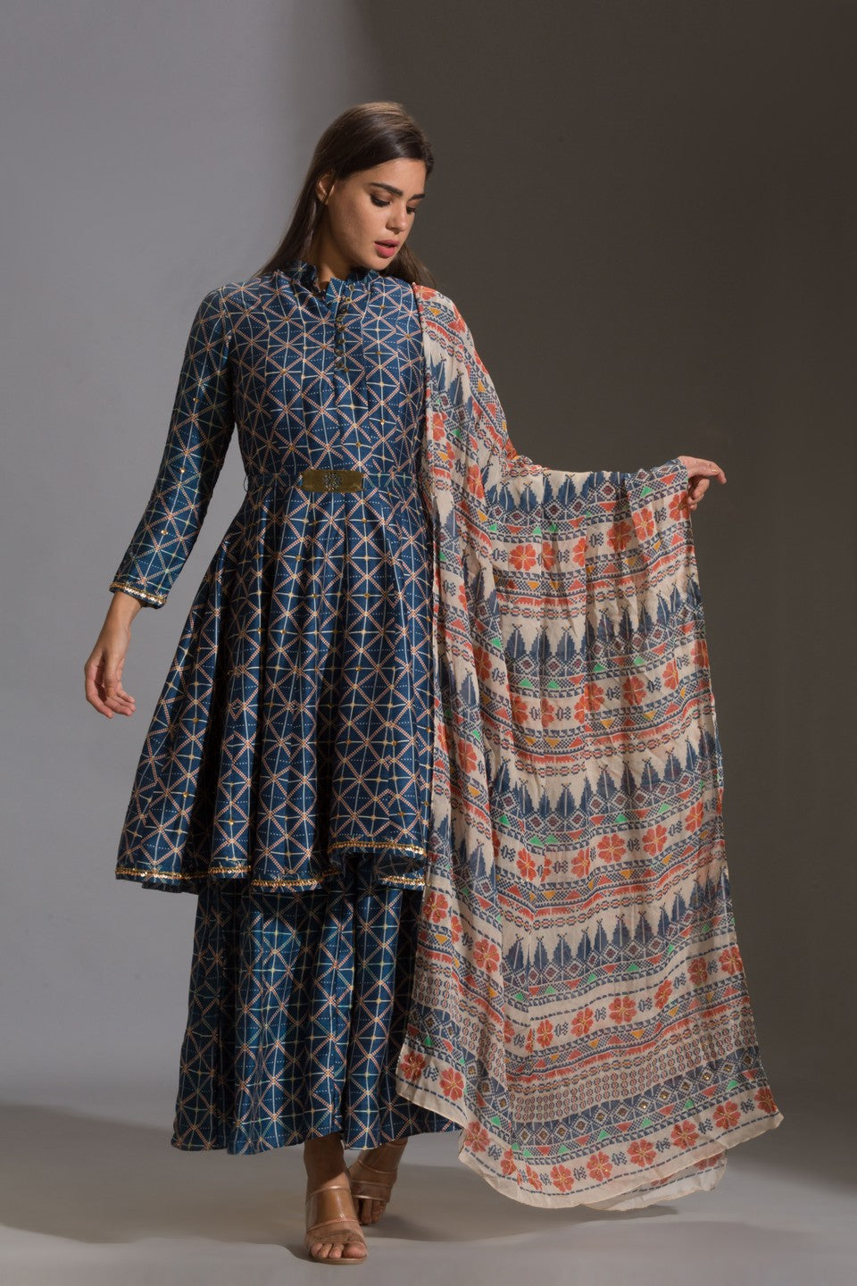 Printed panel anarkali with printed sharara
