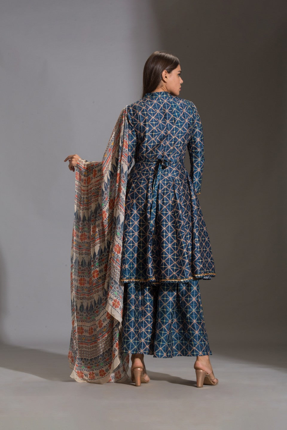 Printed panel anarkali with printed sharara