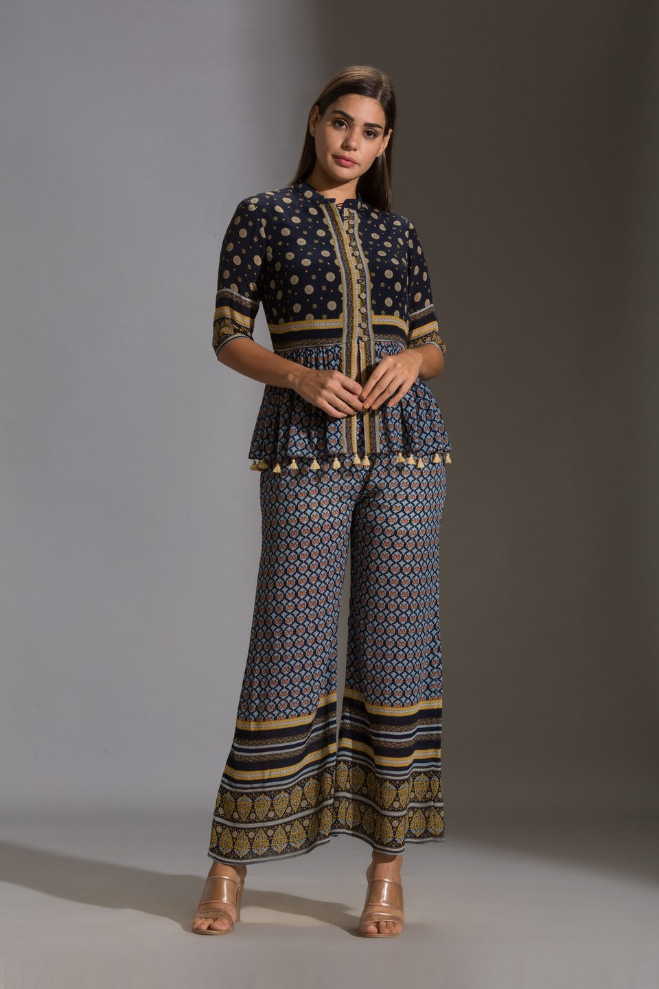 Printed peplum top with printed pants