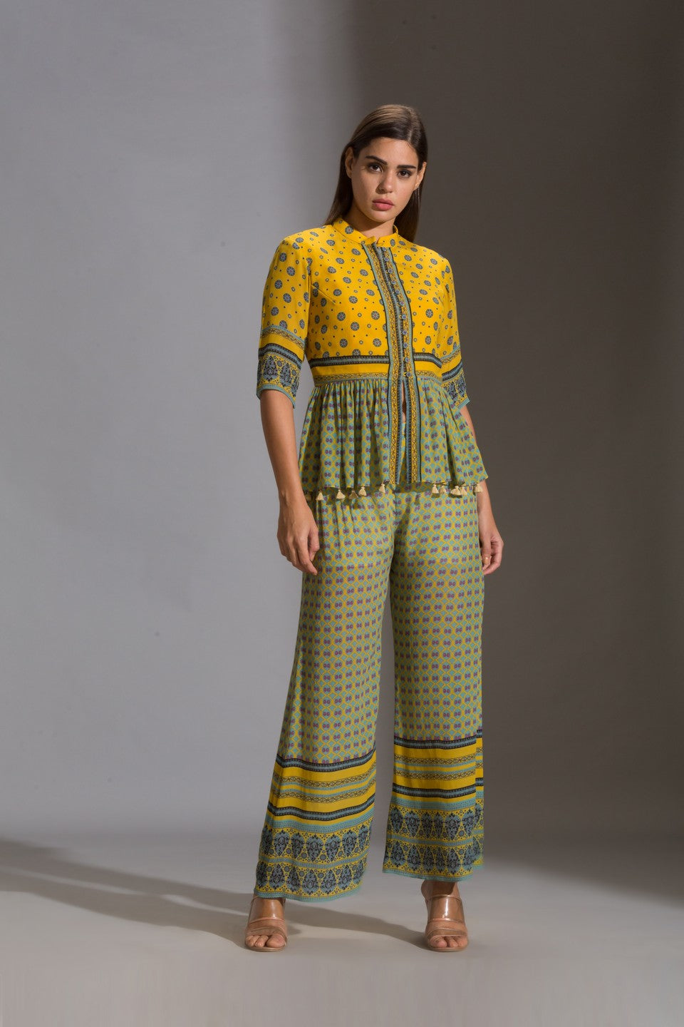 Pinted peplum top with printed pants
