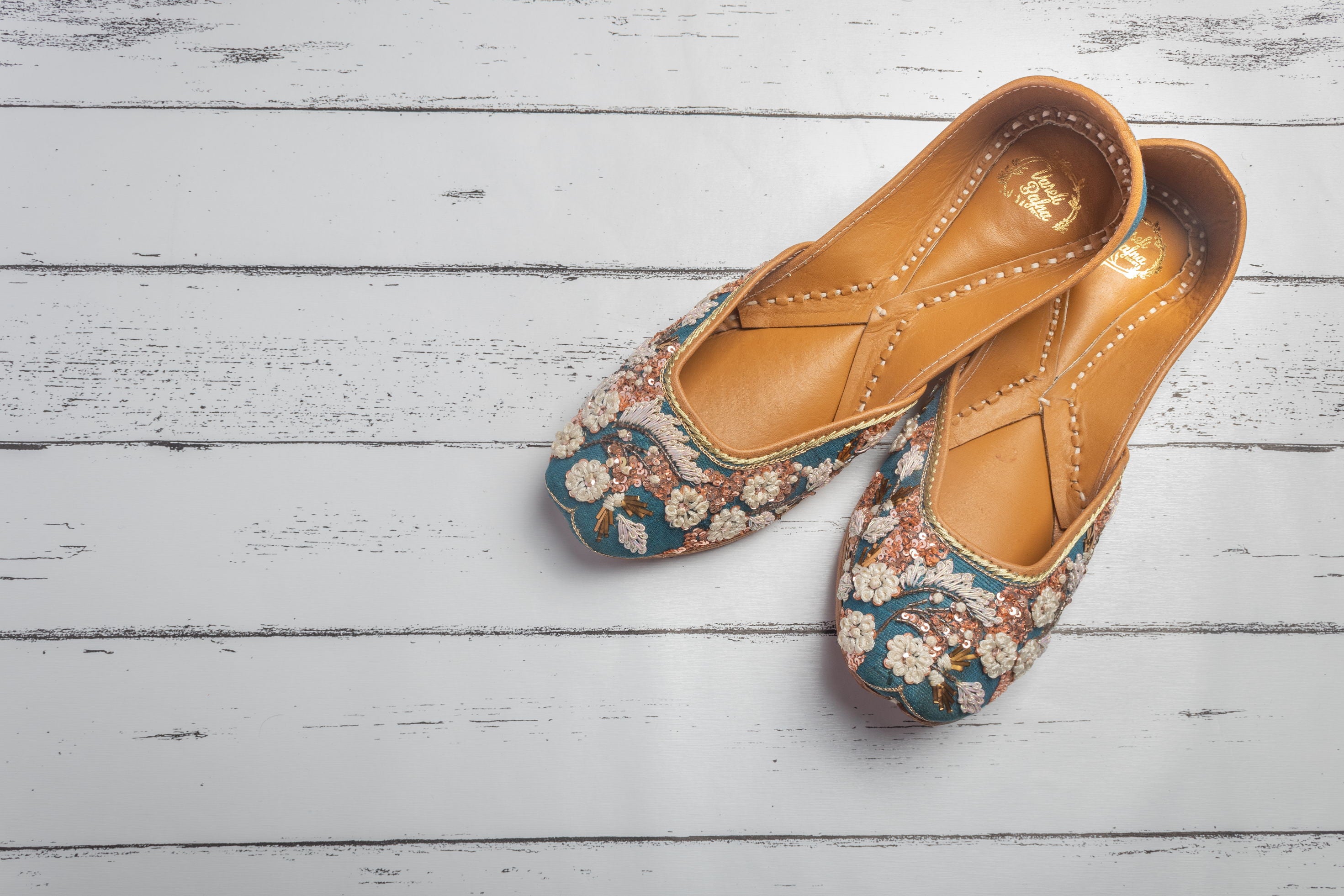 Teal blue Hand embroidered Juttis