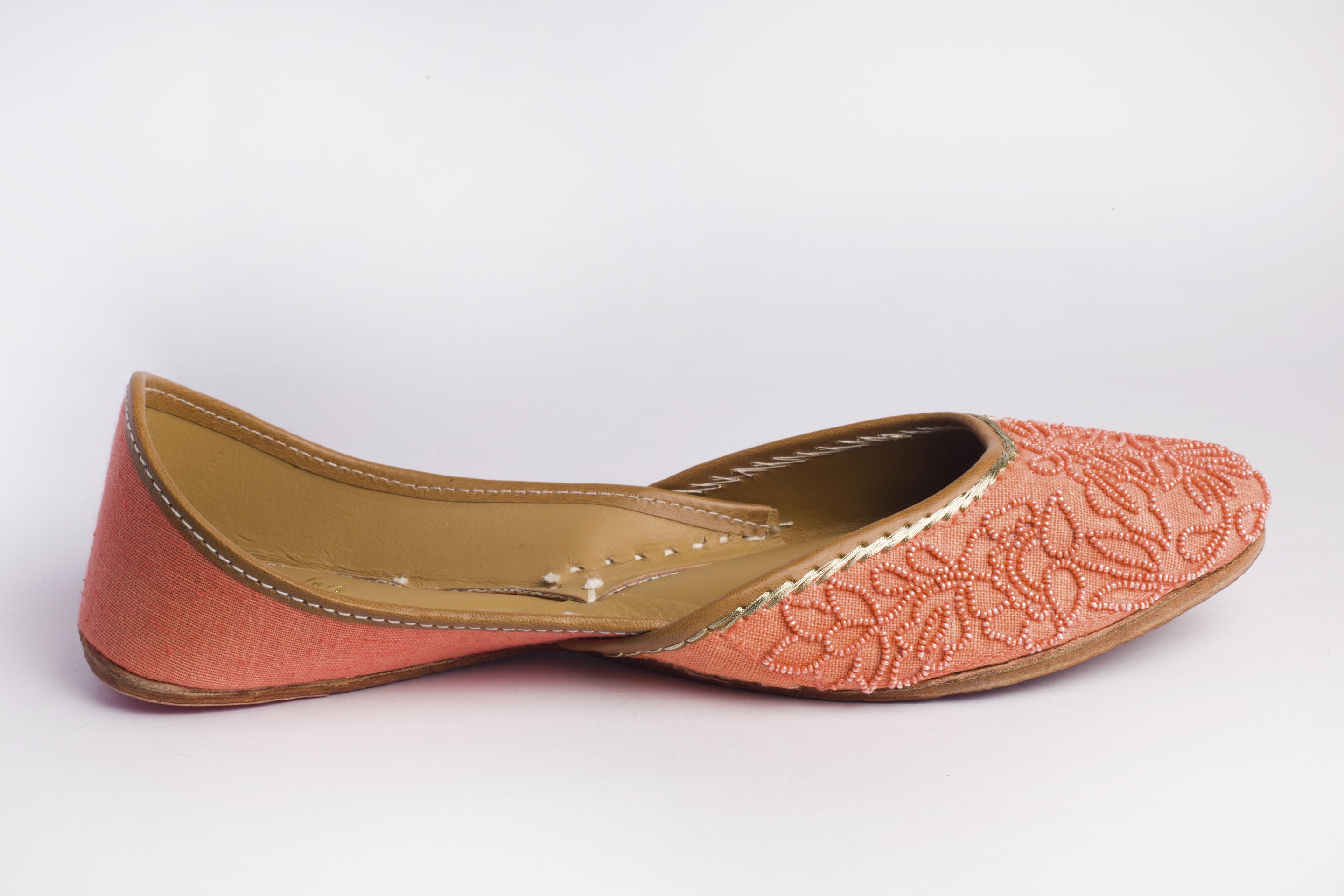 Bright Salmon Hand embroidered Juttis