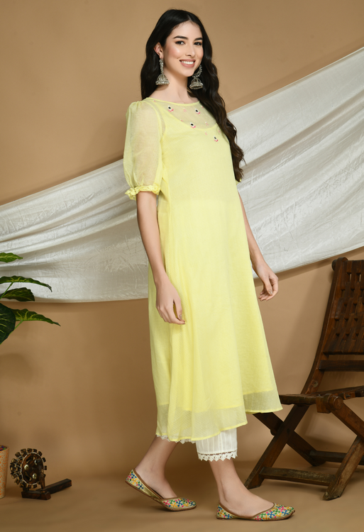 Yellow Kota Doria Kurta and cotton Pants